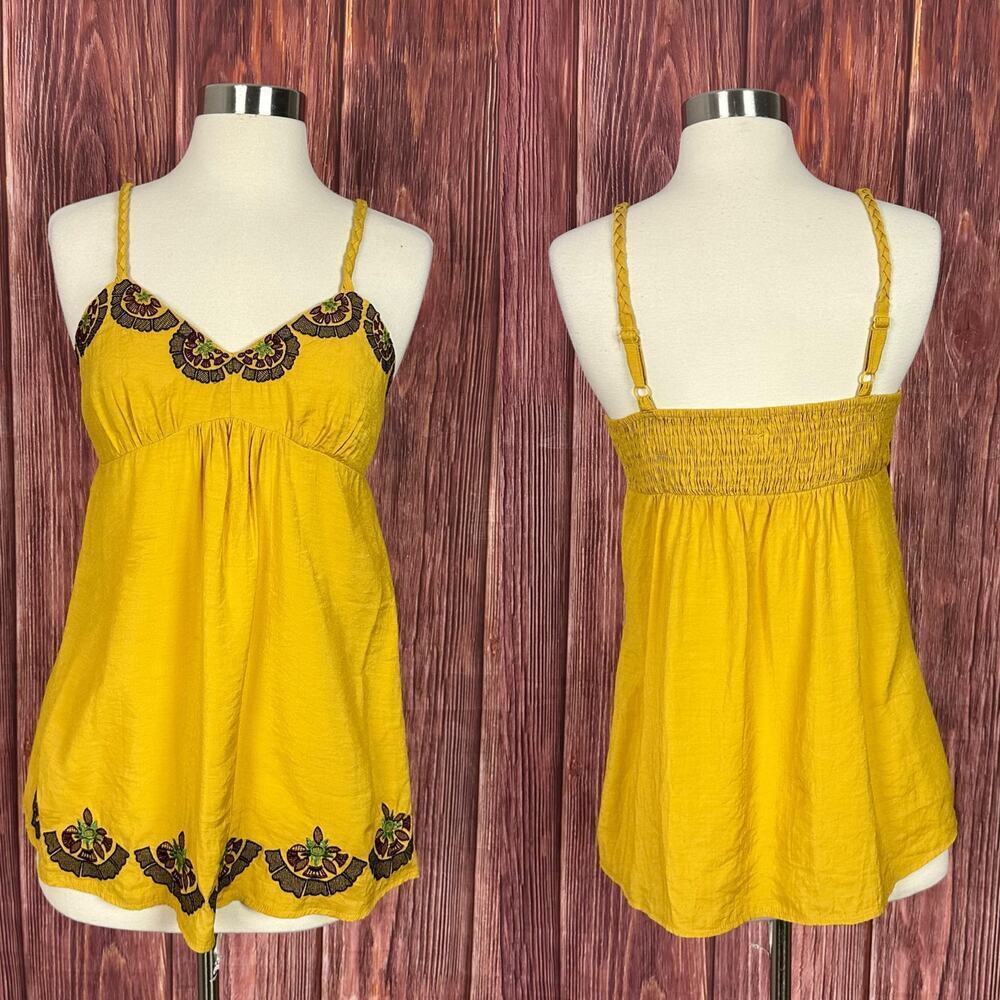 Y2K Mine Womens Yellow Embroidered Babydoll‎ Tank Top Size Large L